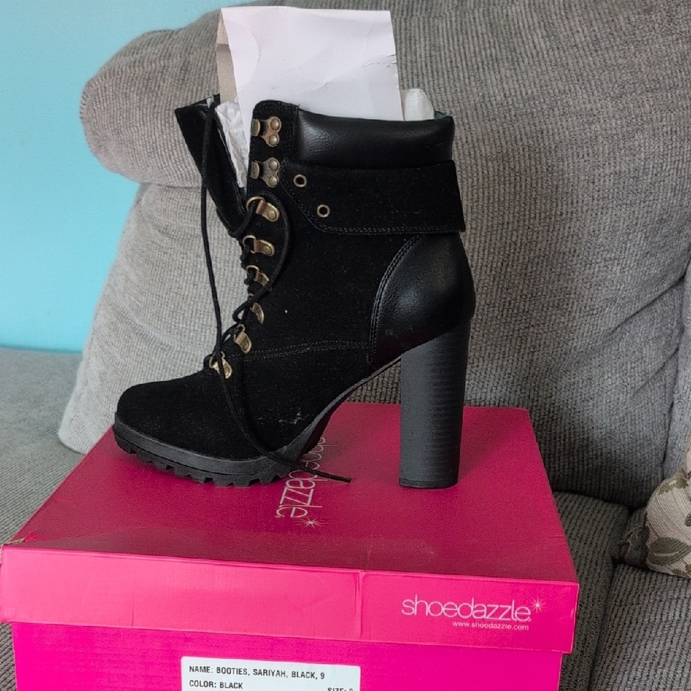 Shoe Dazzle Black Heeled Combat Boots